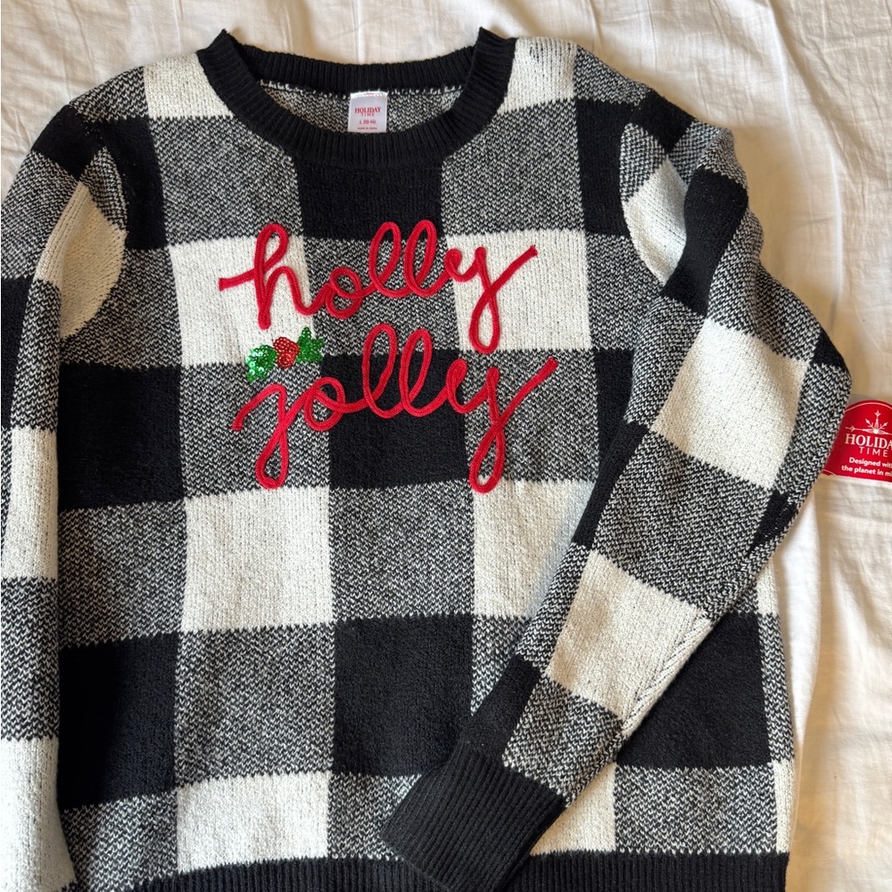 Holiday Time Black and White Checkered Sweater with Red Embroidery